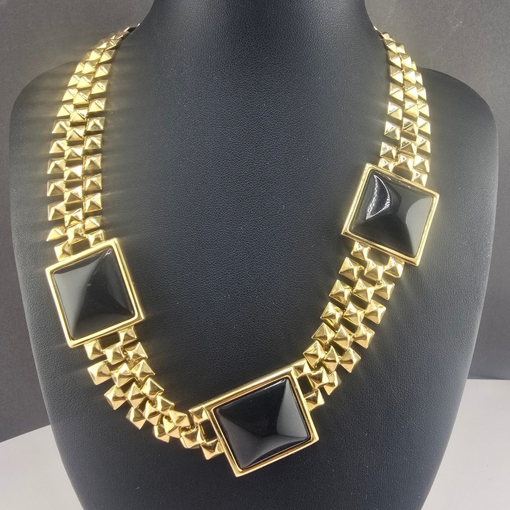 Vintage Monet Necklace Egyptian Revival Gold Tone Black Statement 17in